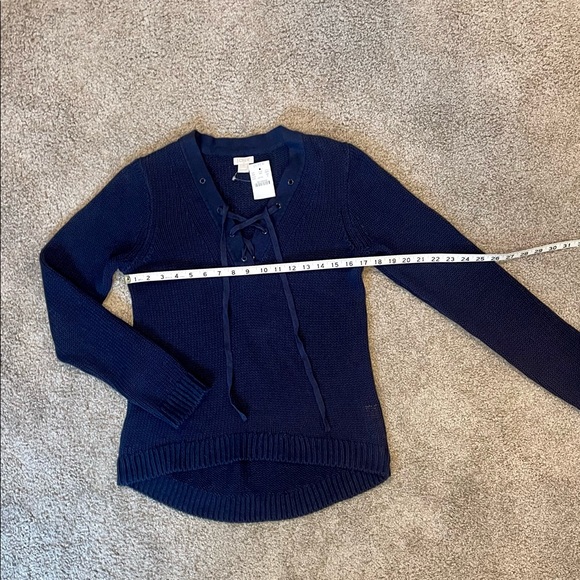 NWT. J. Crew Factory Lace-up Cotton Linen Sweater. Navy Blue. Size Small. - Picture 4 of 11